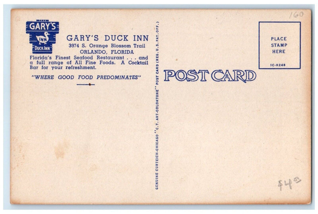 c1950's Gary's Duck Inn Orlando Florida FL, Jumbo Shrimp Platter Postcard