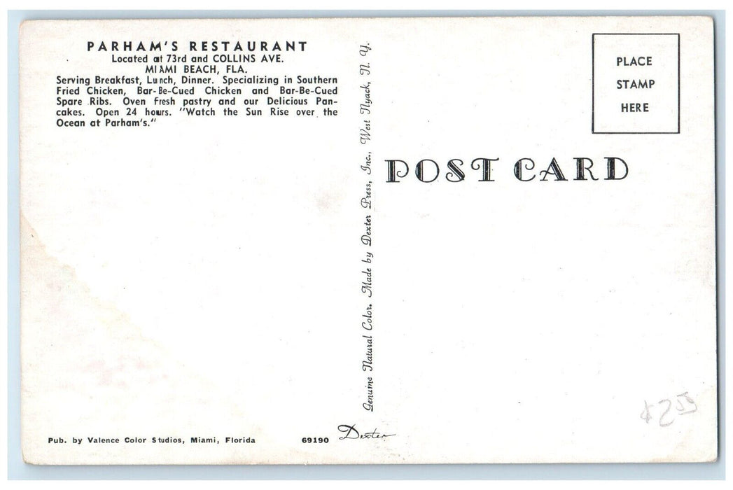 c1950's Parham's Restaurant Cars Street View Miami Beach Florida FL Postcard