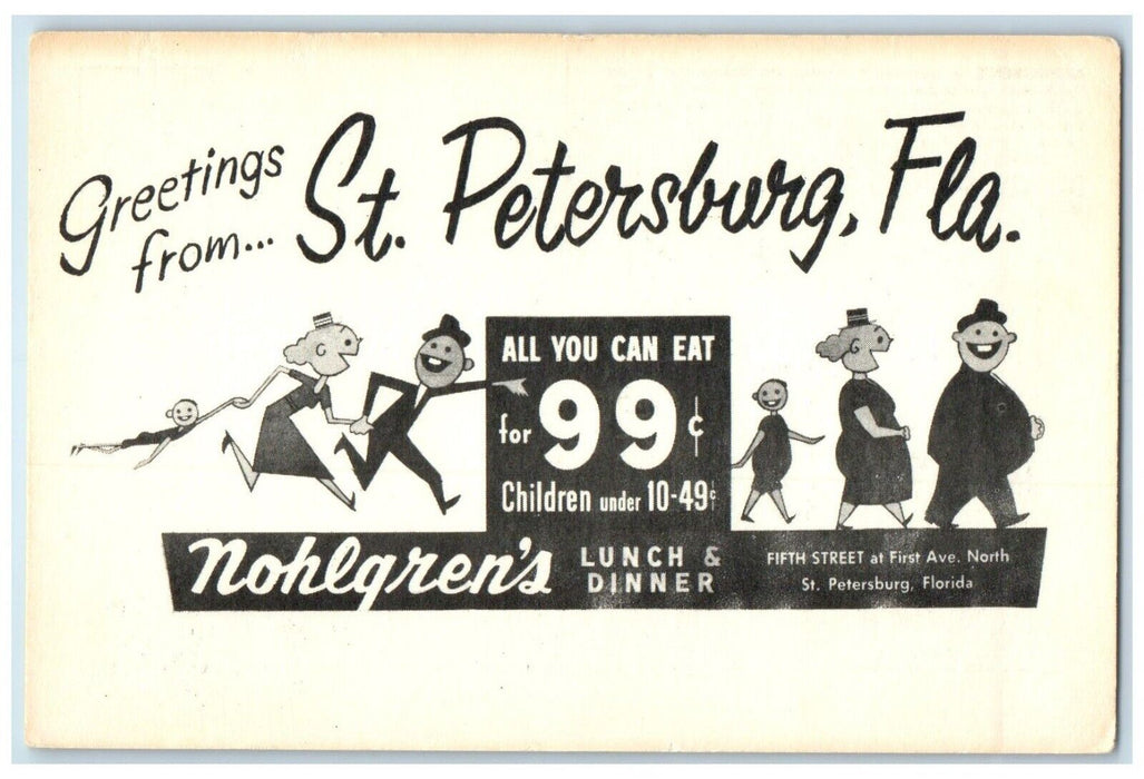 Greetings From St. Petersburg FL Nohlgren's Eat All You Can Advertising Postcard