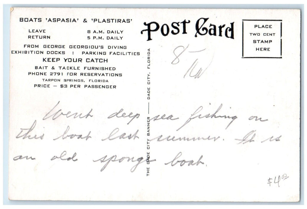 Deep Sea Fishing Aspasia And Plastiras Boat Tarpon Springs Florida FL Postcard