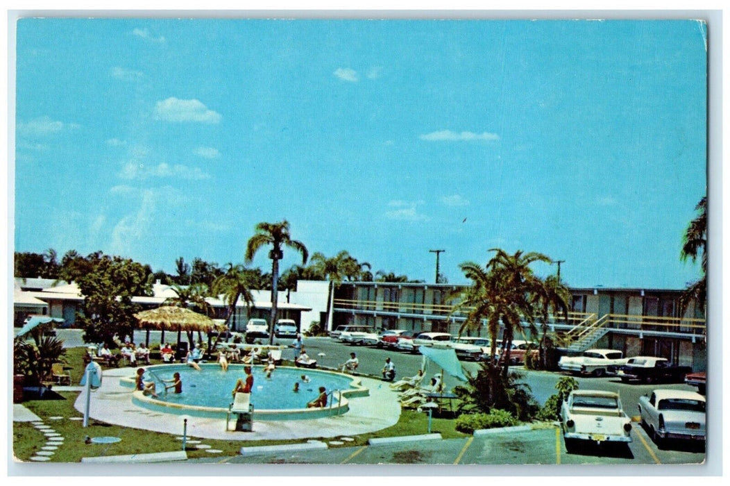 c1950's Cabana Inn Motor Hotel Swimming Pool Cars Sarasota Florida FL Postcard