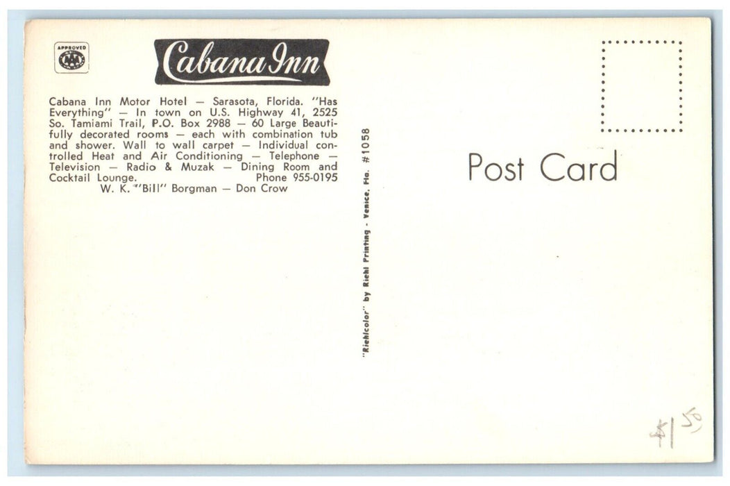 c1950's Cabana Inn Motor Hotel Swimming Pool Cars Sarasota Florida FL Postcard