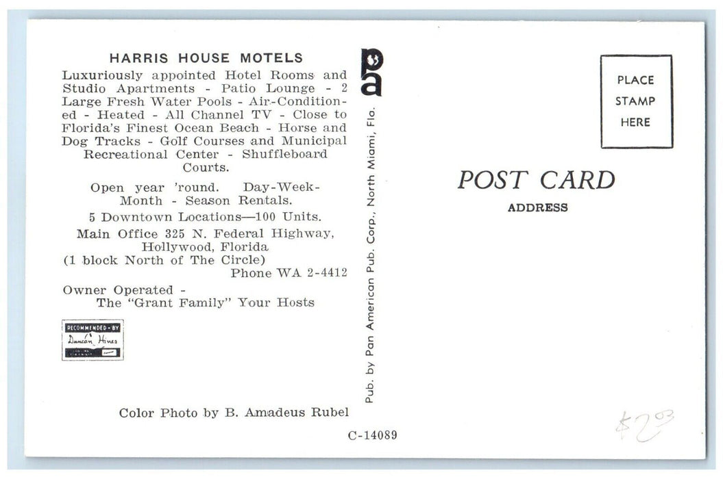 c1950's Harris House Motels And Swimming Pool Hollywood Florida FL Postcard
