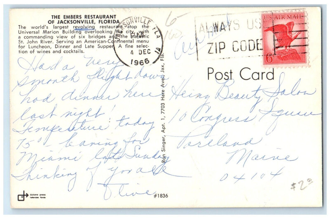 1966 The Embers Restaurant Interior View Jacksonville Florida FL Posted Postcard