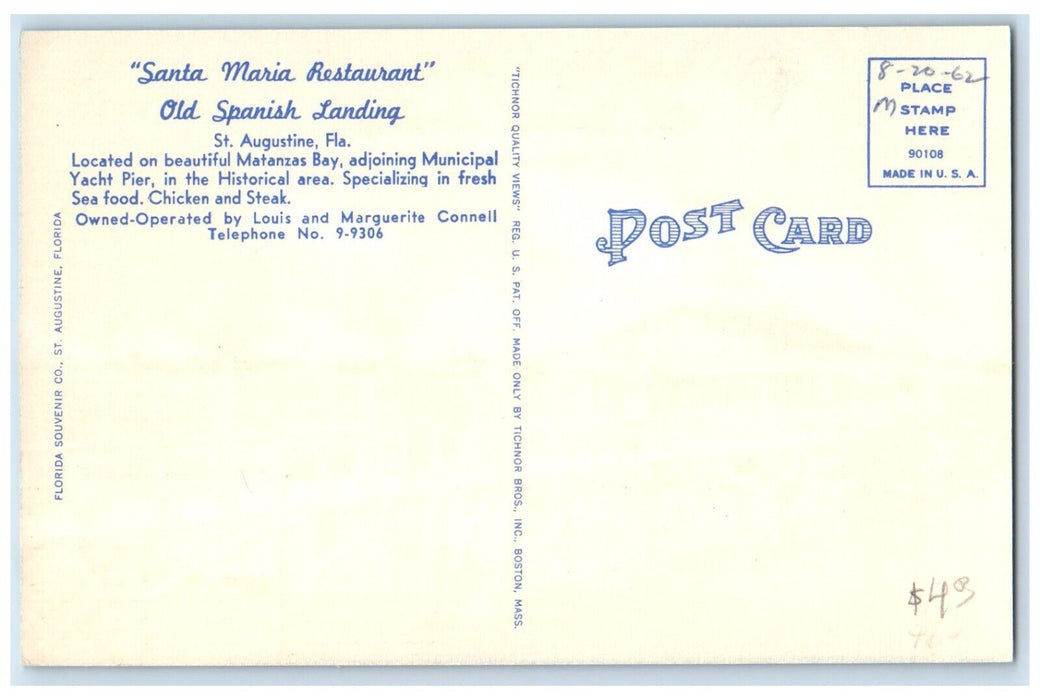 Santa Maria Restaurant Old Spanish Landing St. Augustine Florida FL Postcard