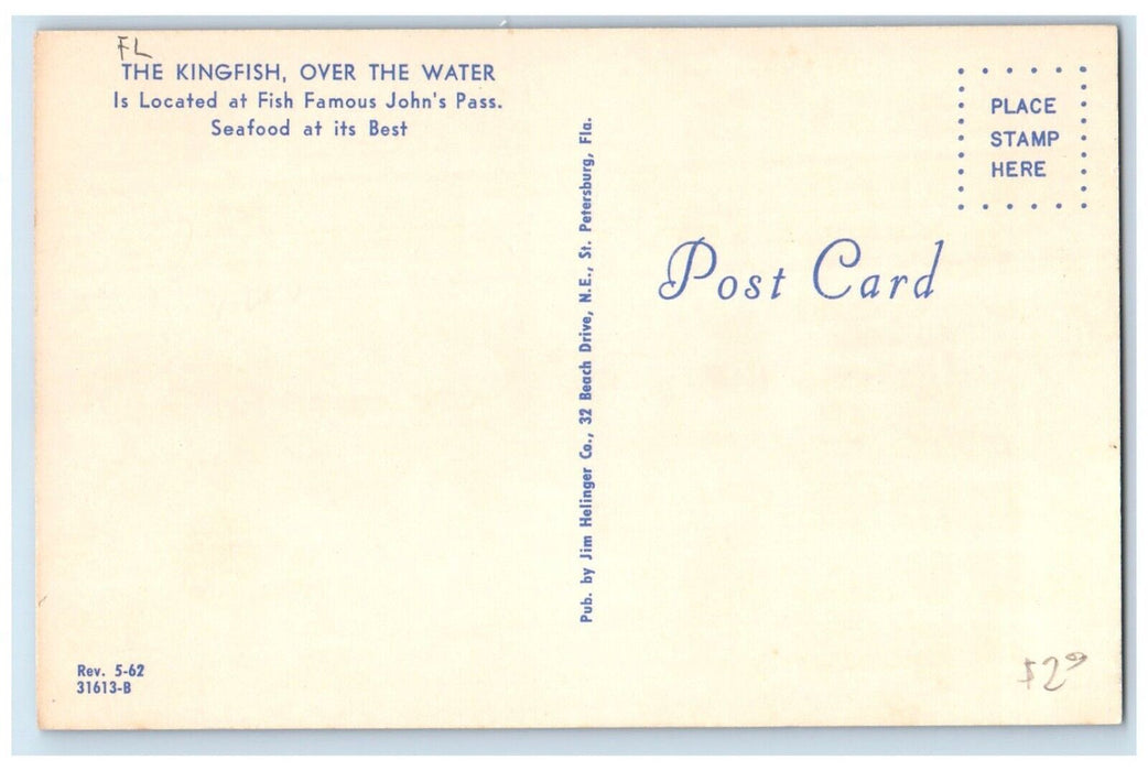 c1950's The Kingfish Over The Water Restaurant Dining Room Florida FL Postcard