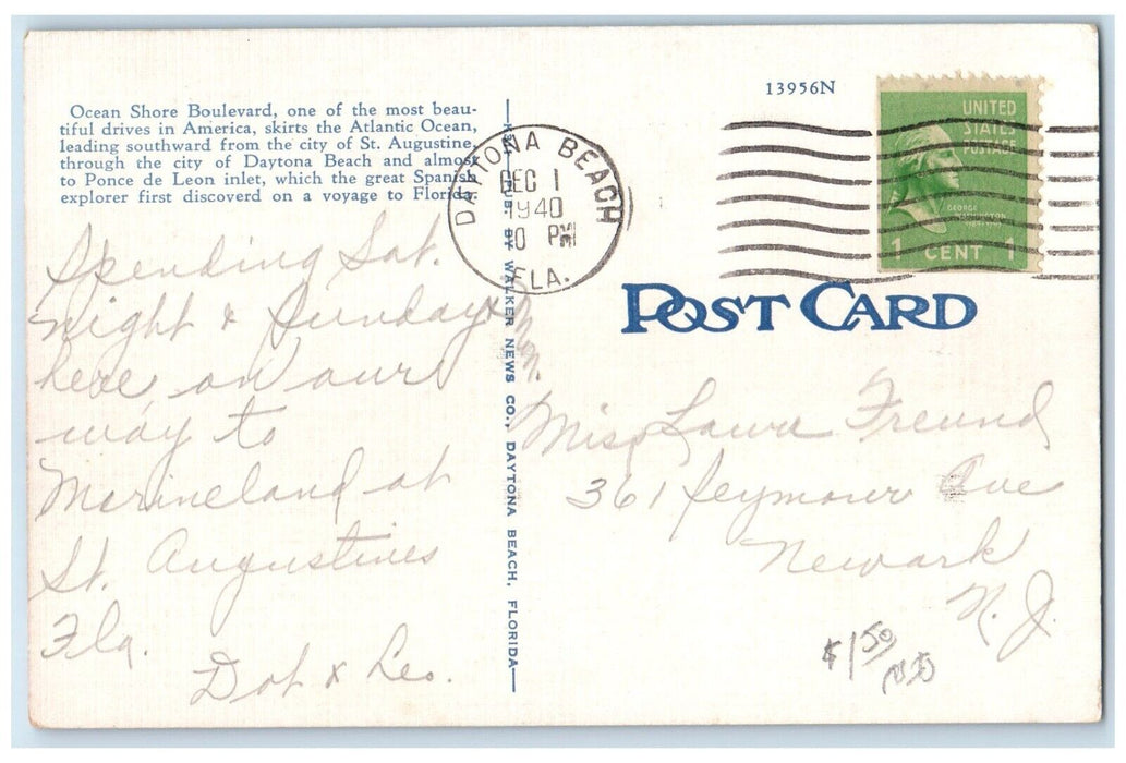 1940 Ocean Shore Boulevard Cars Palm Trees Daytona Beach Florida FL Postcard