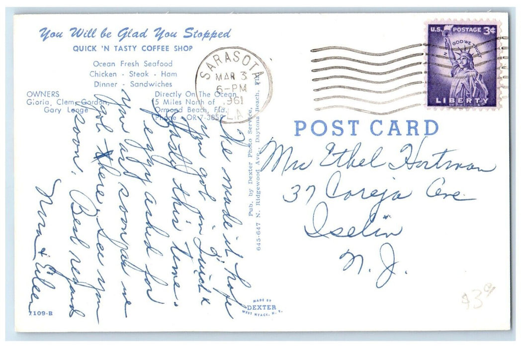 1961 Quick N Tasty Coffee Shop Ormond Beach Florida FL Multiview Posted Postcard