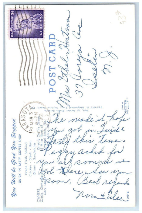 1961 Quick N Tasty Coffee Shop Ormond Beach Florida FL Multiview Posted Postcard