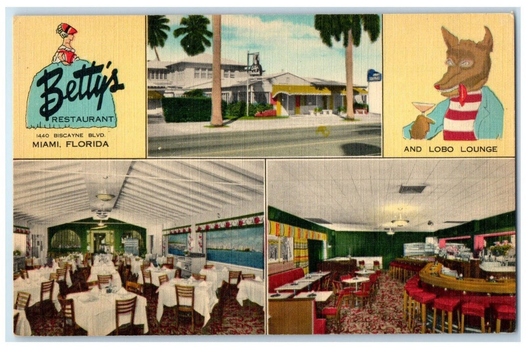c1950's Betty's Restaurant Dining Room Miami Florida FL Multiview Postcard