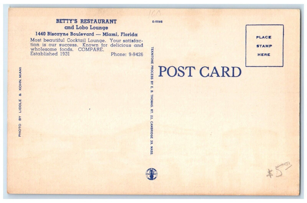 c1950's Betty's Restaurant Dining Room Miami Florida FL Multiview Postcard