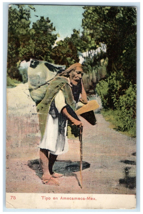 c1910 Old Man with Baston Type In Amecameca Mexico Posted Antique Postcard