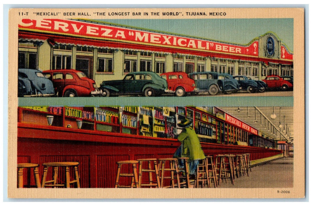 c1940's Mexicali Beer Hall The Longest Bar Tijuana Mexico Multiview Postcard