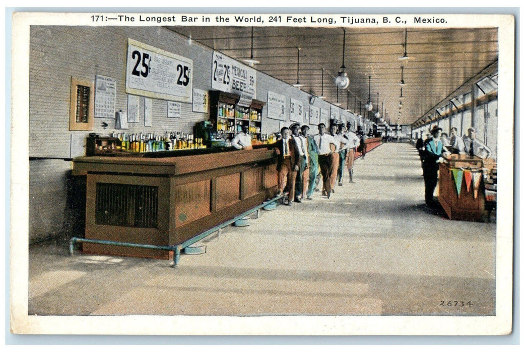 c1920's Longest Bar in the World Tijuana Baja California Mexico Postcard