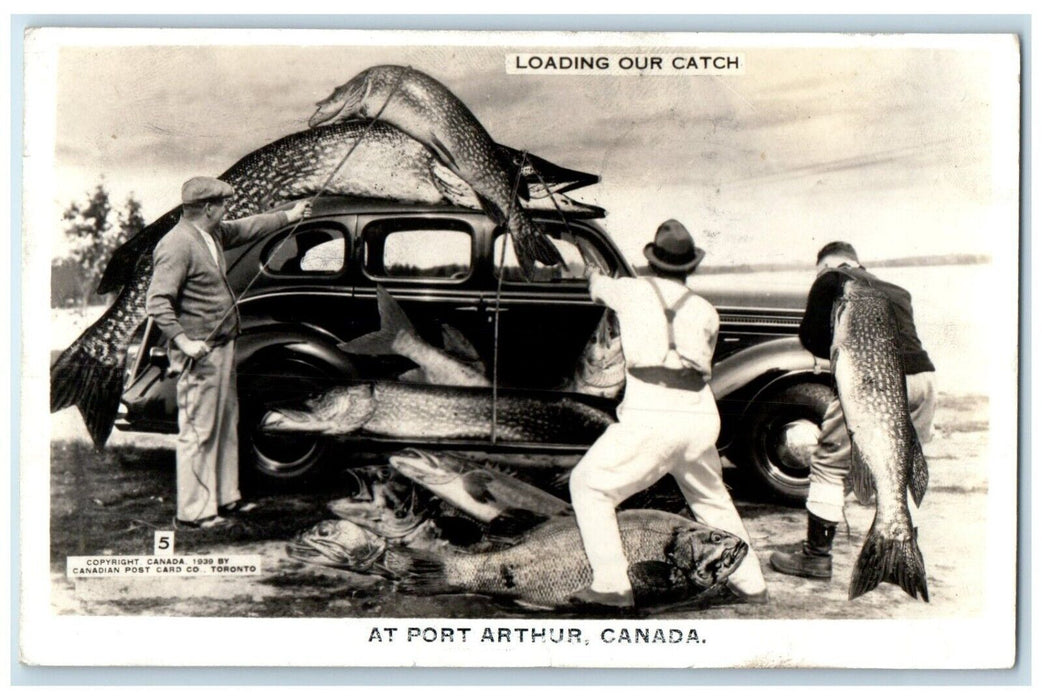 1940 Exaggerated Fish Loading On Car Port Arthur Canada RPPC Photo Postcard