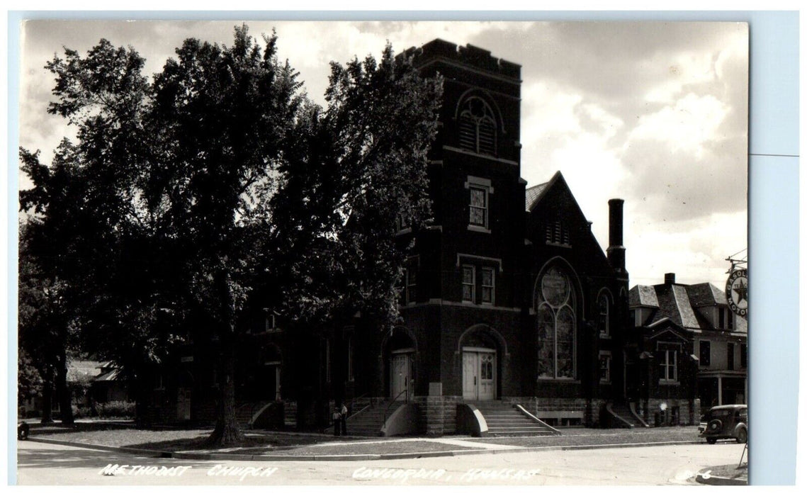 1952 Methodist Church Scene Street Concordia Kansas KS RPPC Photo Postcard