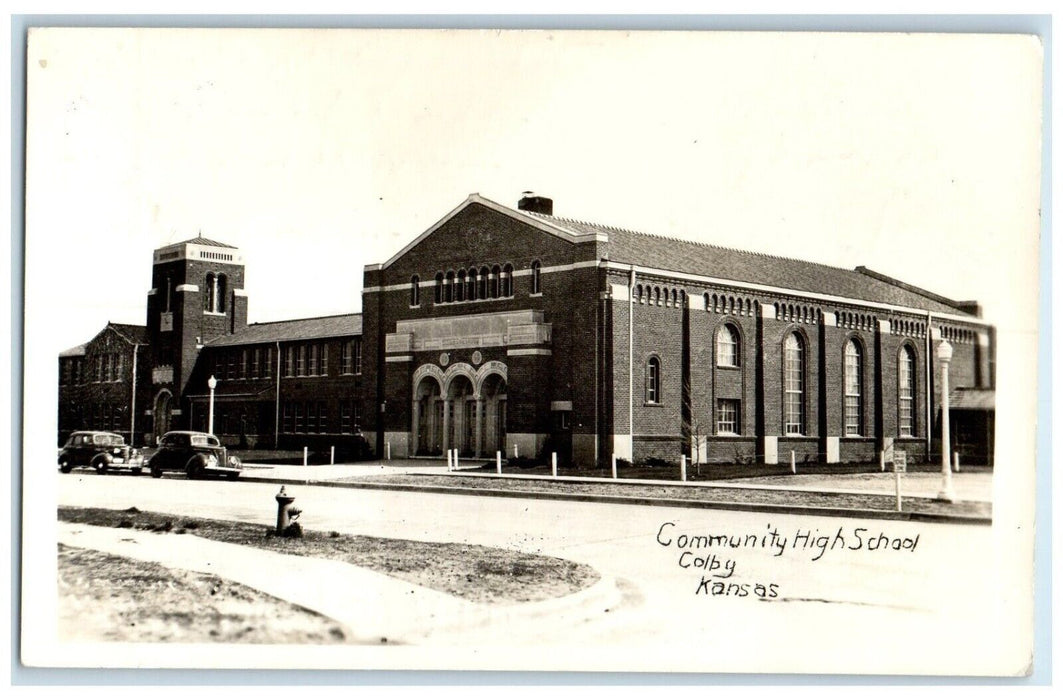 1940 Community High School Building Cars Colby Kansas KS RPPC Photo Postcard