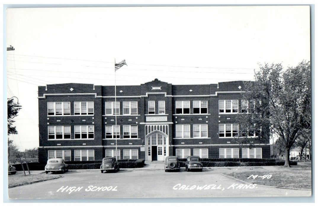 c1940's High School Building Campus Cars Caldwell Kansas KS RPPC Photo Postcard