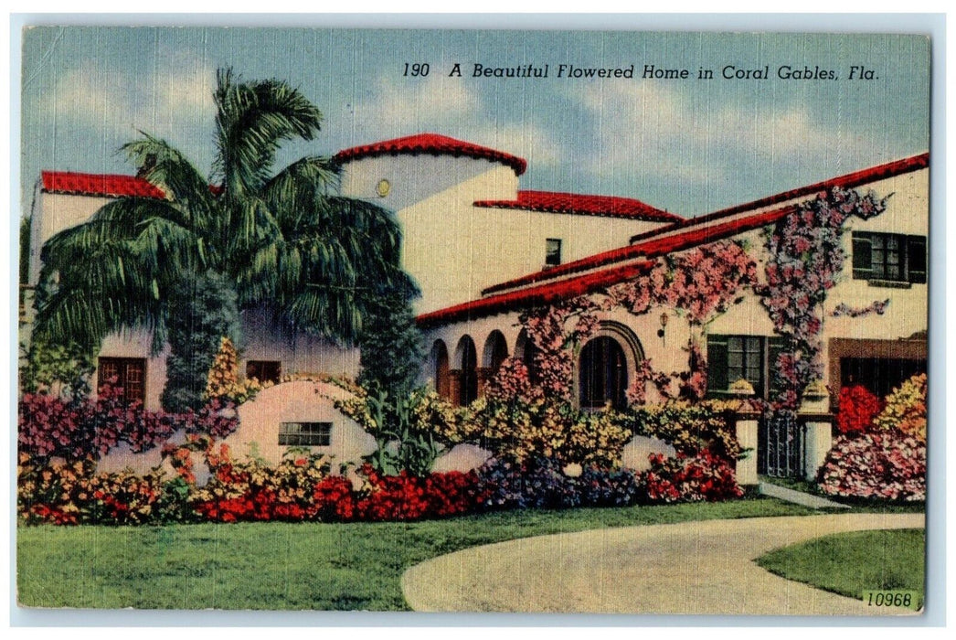 1947 Scenic View Beautiful Flowered Home Coral Gables Florida FL Posted Postcard