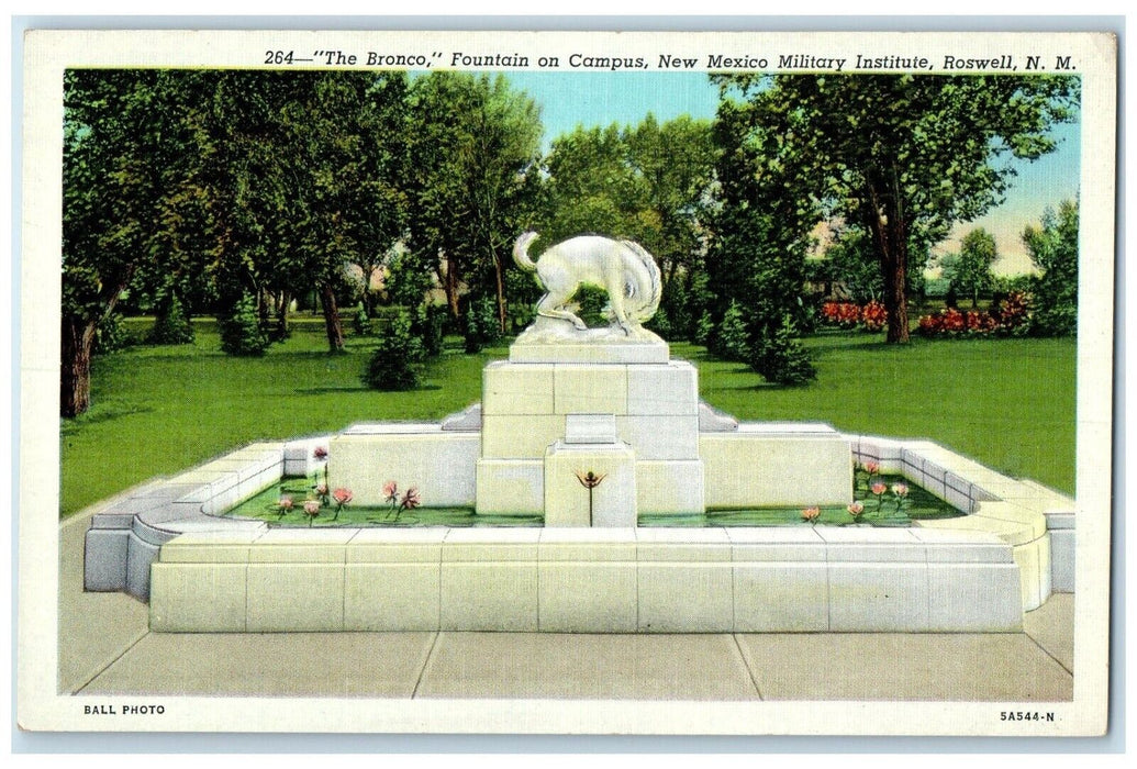 c1940 Bronco Fountain Campus Military Institute Roswell New Mexico NM Postcard