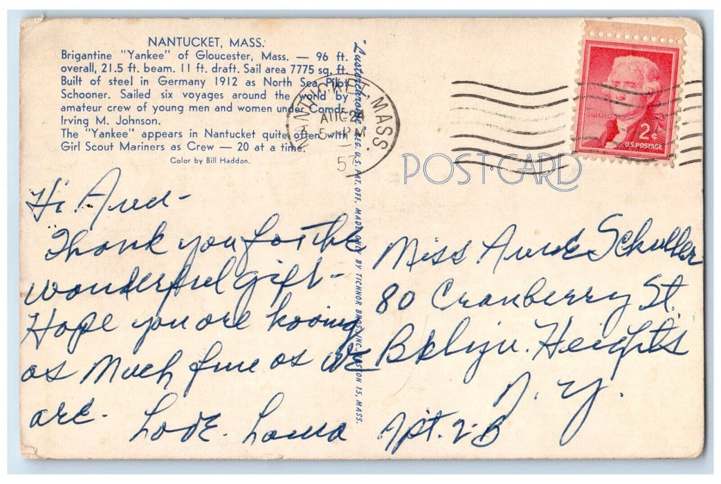 1957 Brigantine Yankee Nantucket Gloucester Massachusetts MA Vintage Postcard