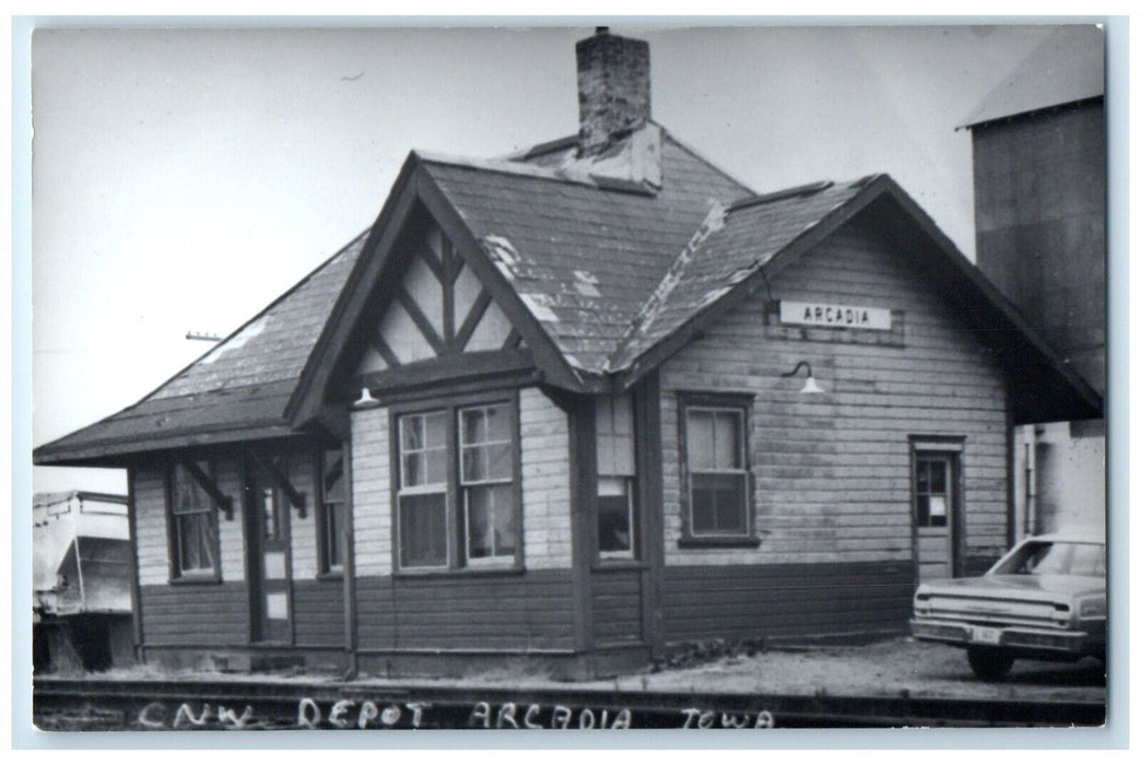 c1970 CNW Depot Arcadia Iowa IA Railroad Train Depot Station RPPC Photo Postcard