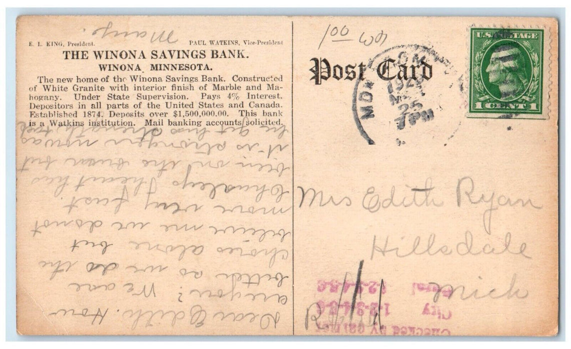 1920 Exterior View Winona Savings Bank Building Winona Minnesota Posted Postcard