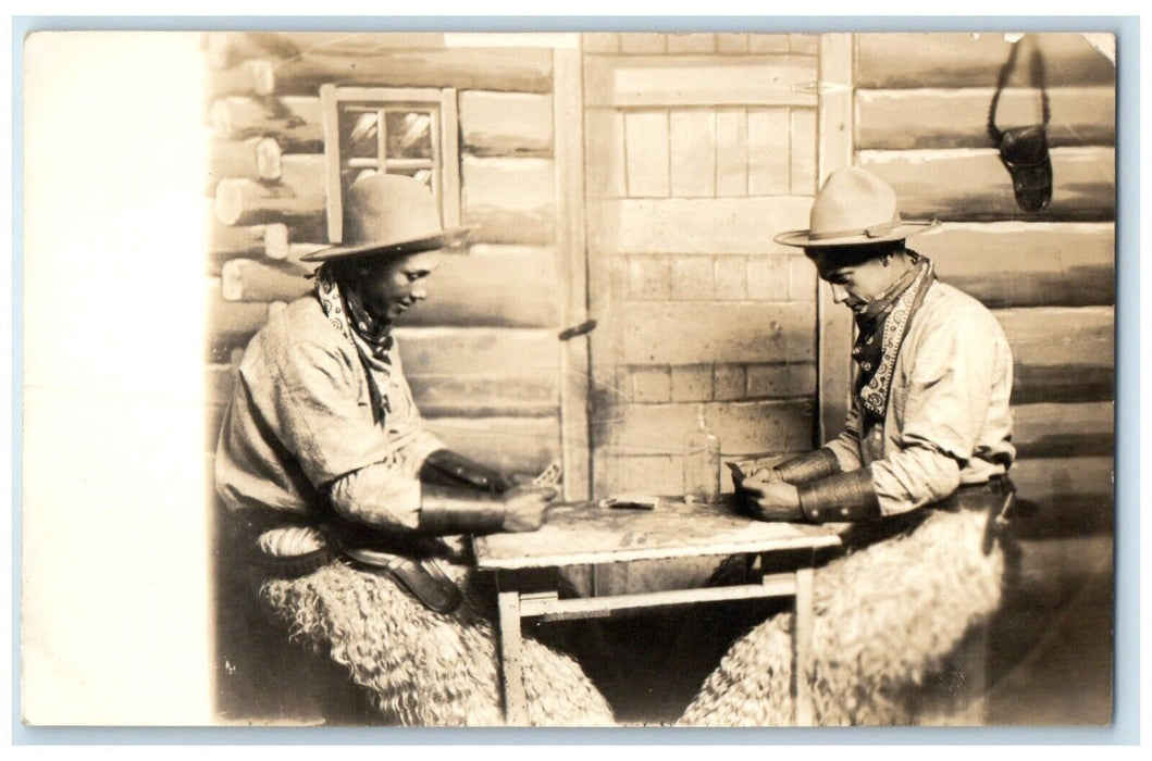 c1910's Cowboy Western Studio Wooly Chaps Bandanas Gambling RPPC Photo Postcard