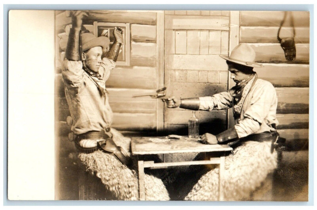 c1910's Cowboy Western Studio Wooly Chaps Bandanas Hold Up RPPC Photo Postcard