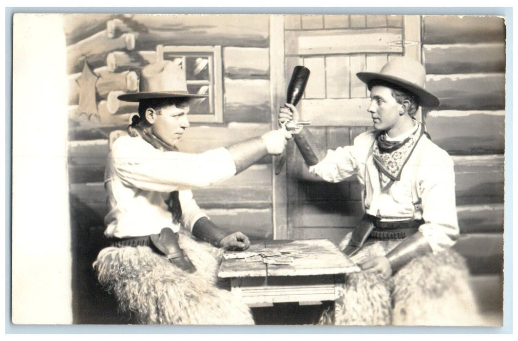 c1910's Cowboy Western Studio Wooly Chaps Bandanas Fighting RPPC Photo Postcard