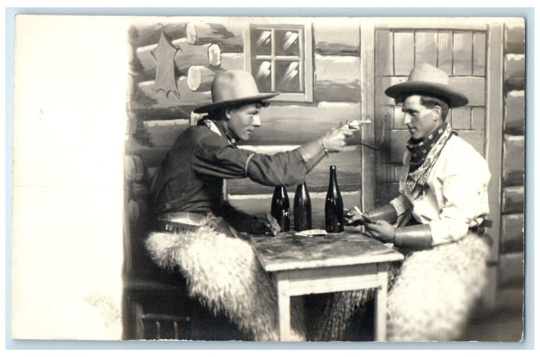 Cowboy Western Studio Wooly Chaps Bandanas Gambling Gun RPPC Photo Postcard