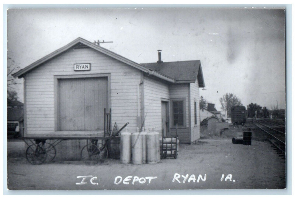 1960 IC Depot Ryan Iowa Vintage Railroad Train Depot Station RPPC Photo Postcard