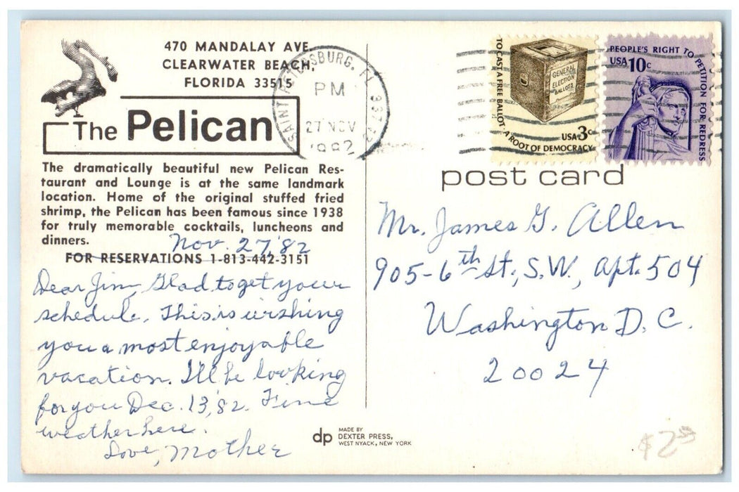 1982 The Pelican Restaurant And Lounge Clearwater Beach Florida FL Postcard