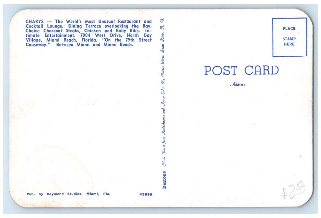 c1950's Charys Restaurant And Cocktail Lounge Miami Beach Florida FL Postcard