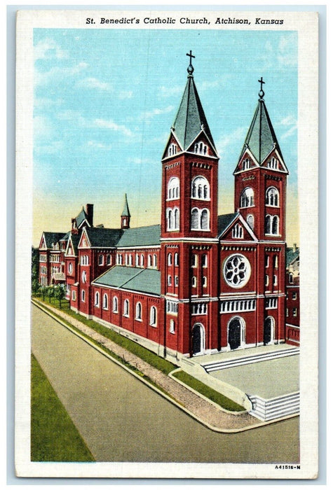 c1930's St. Benedict's Catholic Church Atchison Kansas KS Antique Postcard