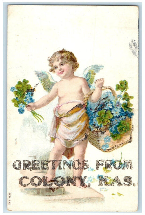 1907 Greetings From Colony Kansas KS, Angel With Basket Flowers Clover Postcard