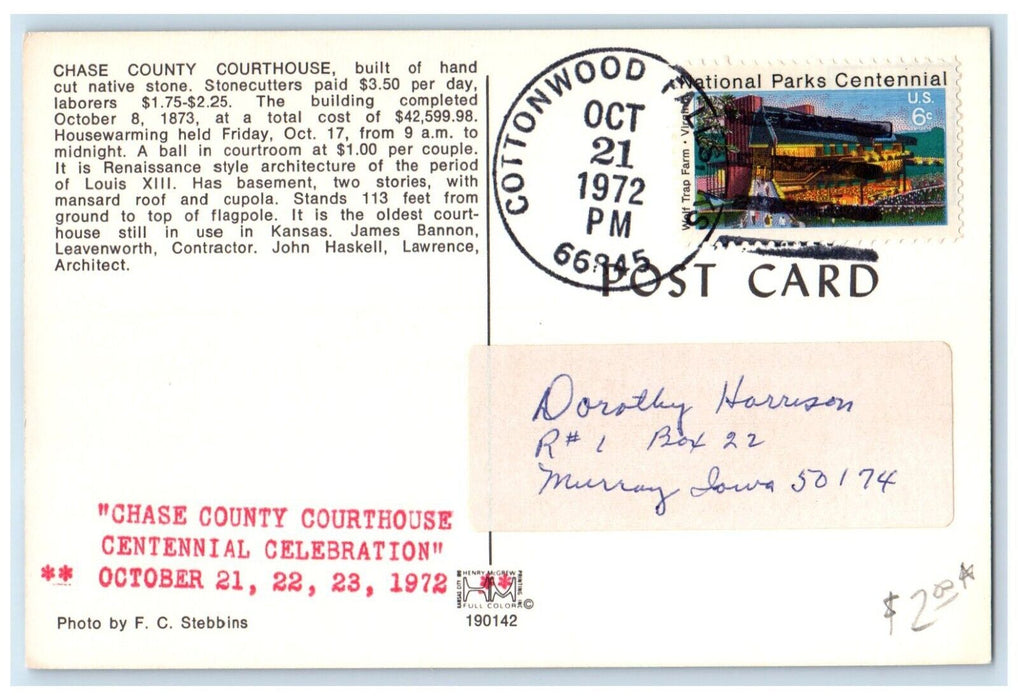 1972 Court House Chase County Building Cottonwood Falls Kansas KS Postcard