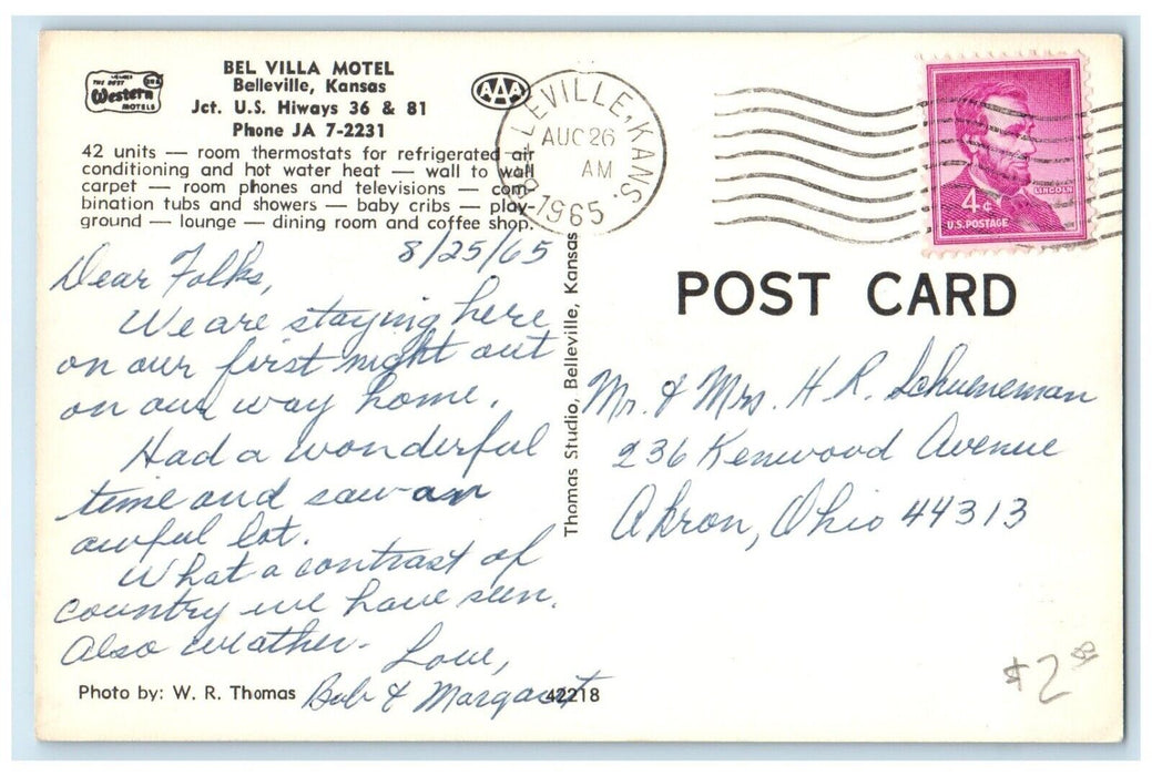 1965 Bel Villa Motel Belleville Kansas KS Multiview Posted Vintage Postcard