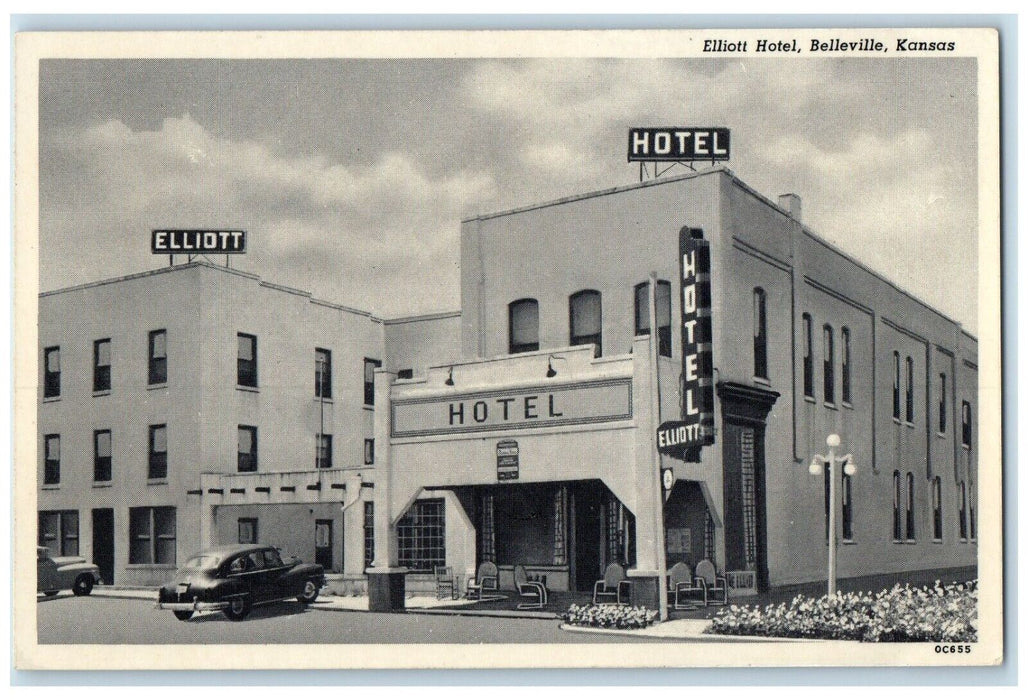 c1930's Elliot Hotel Building Car Street View Belleville Kansas KS Postcard