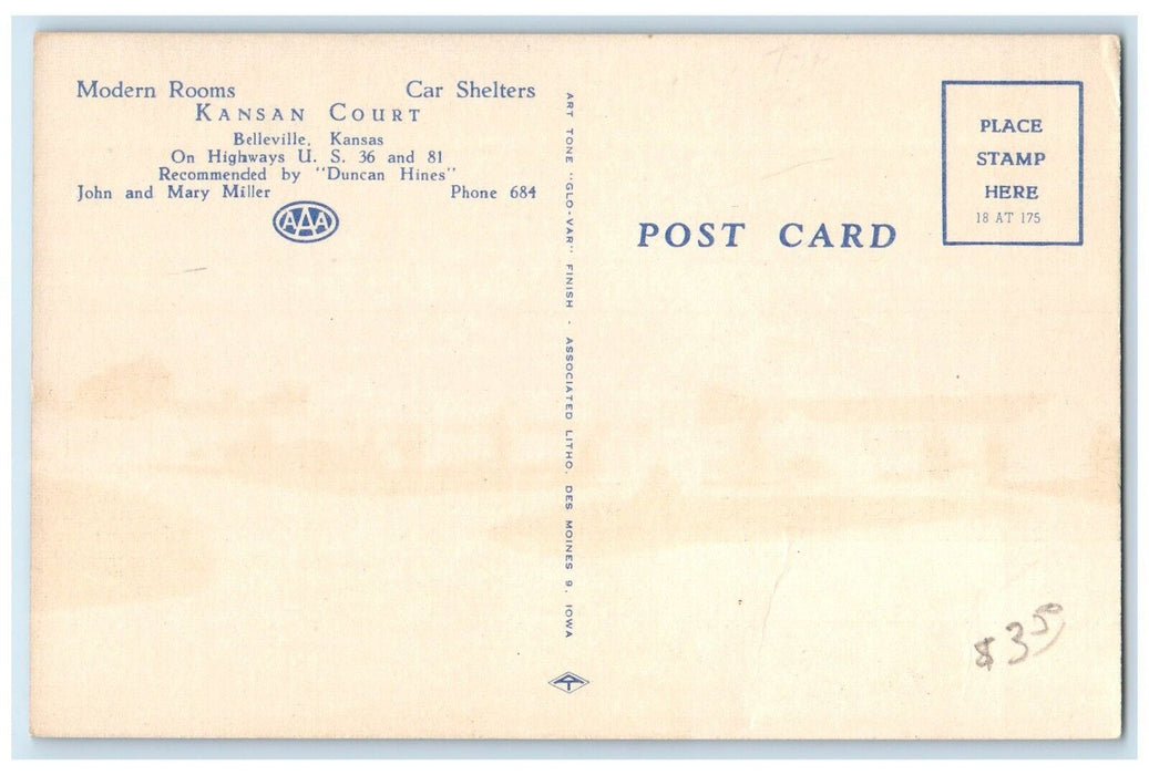 c1950's Kansas Court On Hiways US 36 And 81 Belleville Kansas KS Postcard