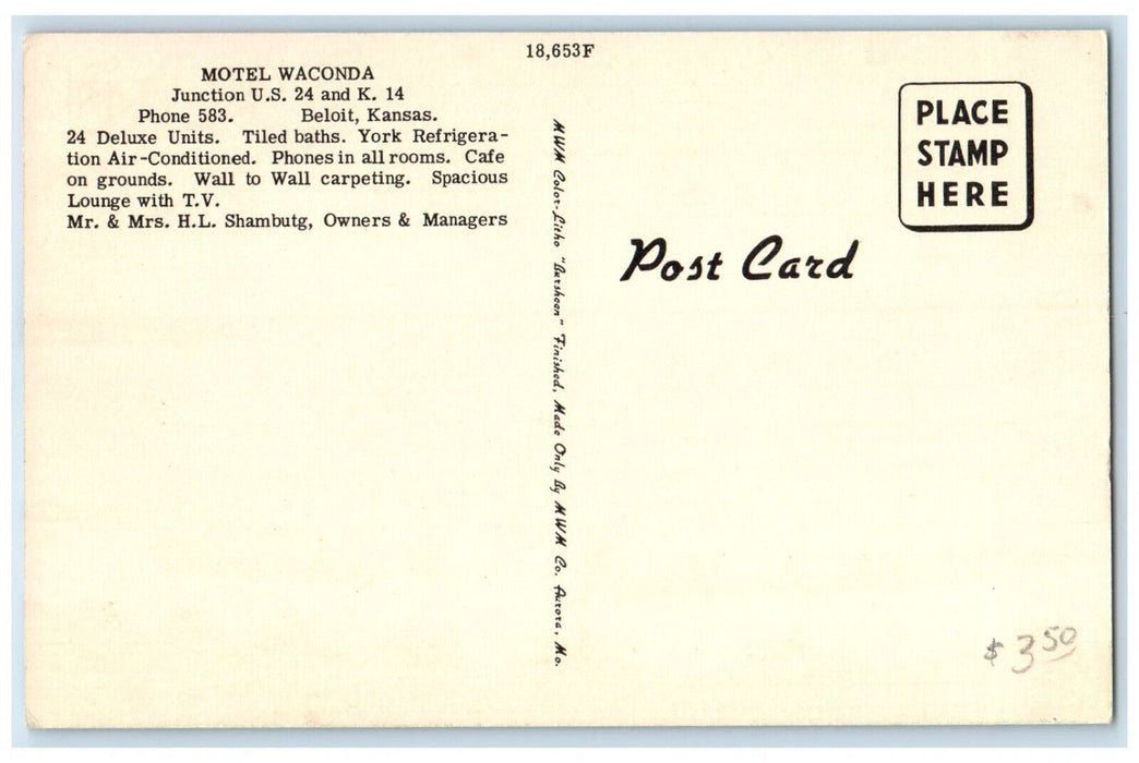 c1950's Waconda Motel Building Beloit Kansas KS Unposted Vintage Postcard