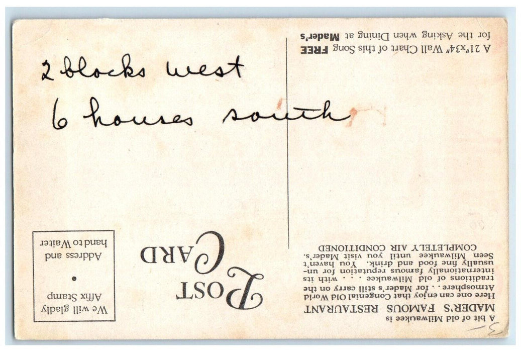 Mader's Famous Restaurant Milwaukee Wisconsin WI Posted Vintage Postcard