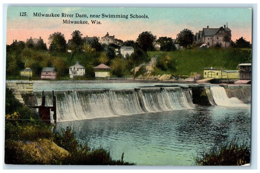 c1910's Milwaukee River Dam Near Swimming School Milwaukee Wisconsin WI Postcard