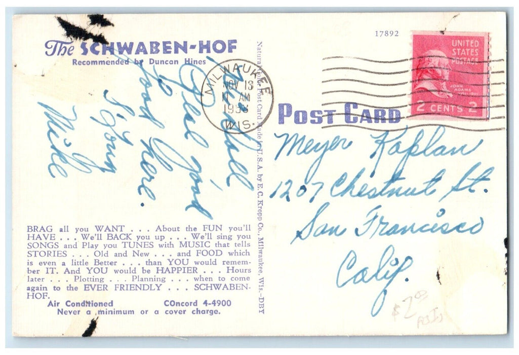 1958 Schwaben Hof Milwaukee's Restaurant Bar Milwaukee Wisconsin WI Postcard