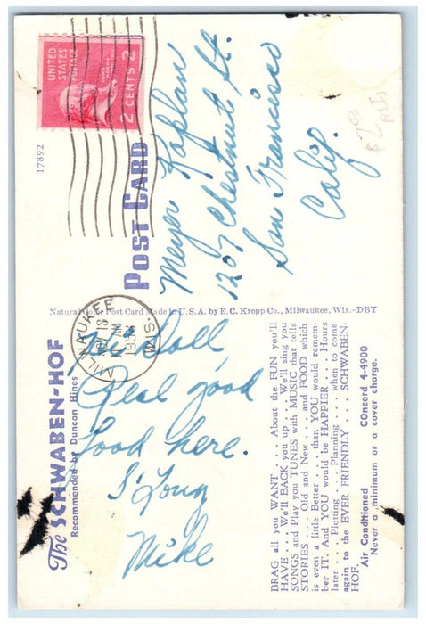 1958 Schwaben Hof Milwaukee's Restaurant Bar Milwaukee Wisconsin WI Postcard