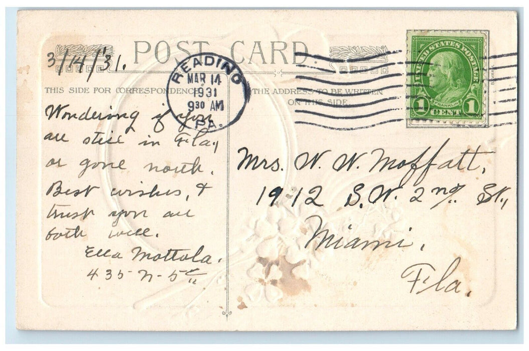 1931 St. Patrick's Day Greetings Haulbouline Queenstown Shamrock Posted Postcard