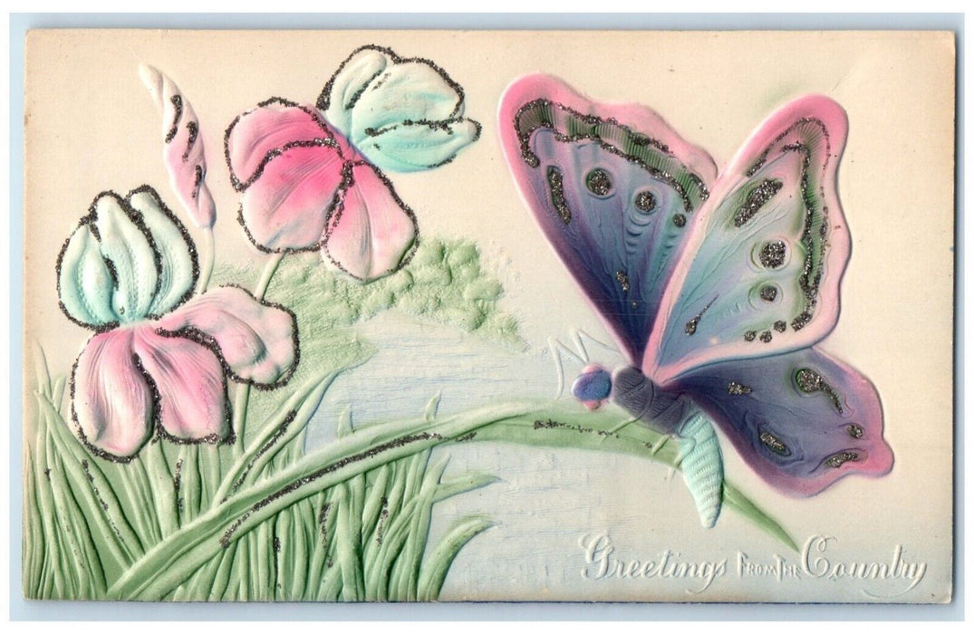 Greetings From The County Butterfly And Flowers Airbrushed Embossed Postcard