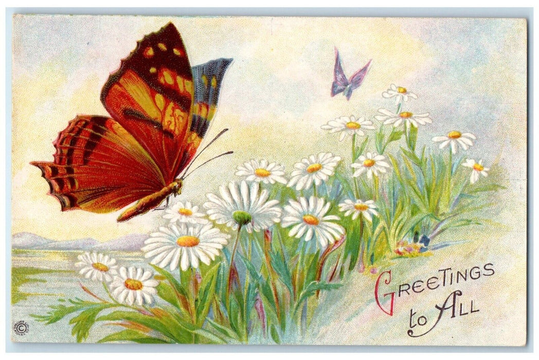 c1910's Greetings To All Butterflies And White Daisy Flowers Antique Postcard