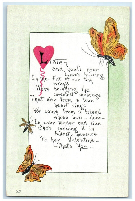 c1910's Valentine Message Butterflies Bee Heart Posted Antique Postcard