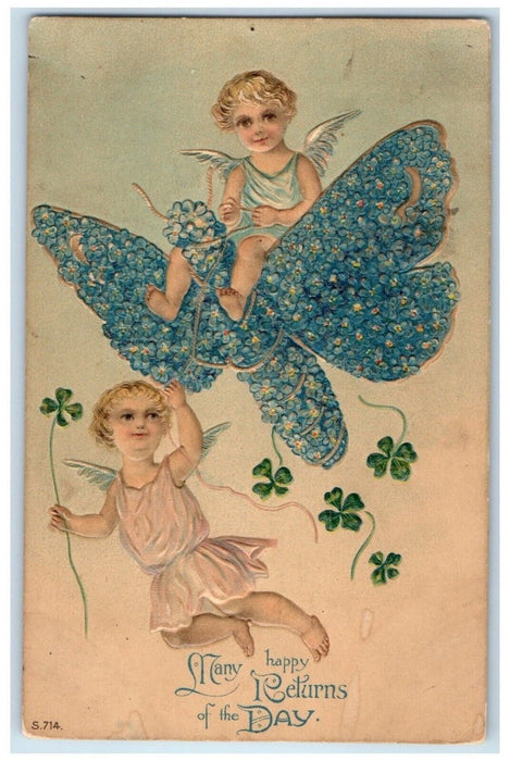1909 Happy Return Angels Riding Butterfly Covered Flowers Embossed Postcard
